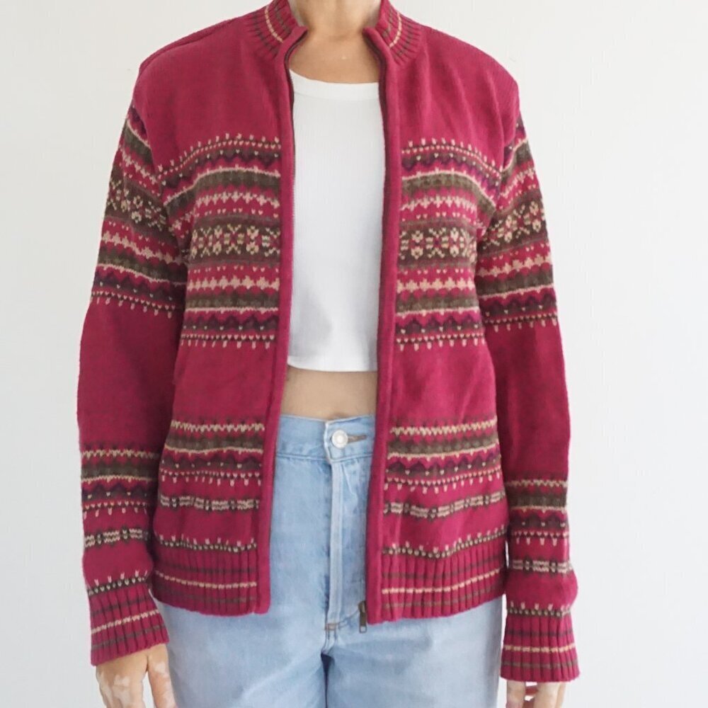Vintage Tiara Berry Fair Isle Knit Zip Cardigan Cabincore Grandpa Sweater M